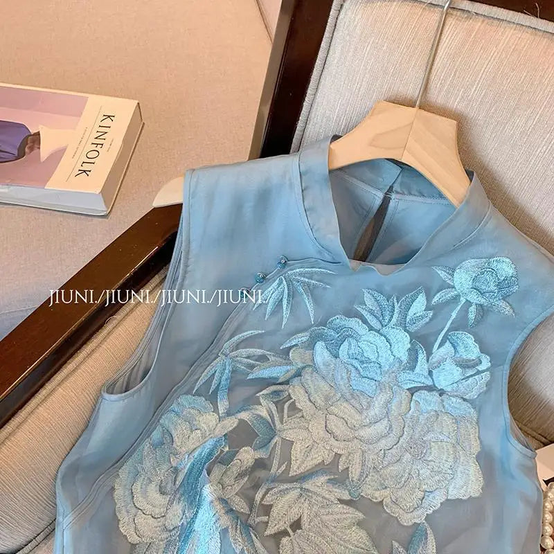 Summer Sleeveless Shirt Embroidered Slanted Stand Collar Chiffon Top Elegance Vest Blouse Chinese Style Women's Clothing