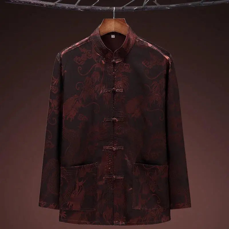 Chinese-style Men Short-sleeved Shirt, Summer Stand-up Collar Single-breasted Shirts, Decorated with Chinese Dragon Patterns.