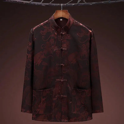Chinese-style Men Short-sleeved Shirt, Summer Stand-up Collar Single-breasted Shirts, Decorated with Chinese Dragon Patterns.