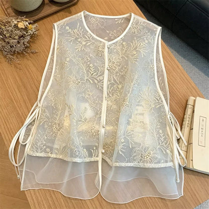 Fashion Chinese Style Embroidered Vest Women's Spring and Summer Yarn Thin Round Neck tie Sleeveless Loose Vest  Jacket Coat New