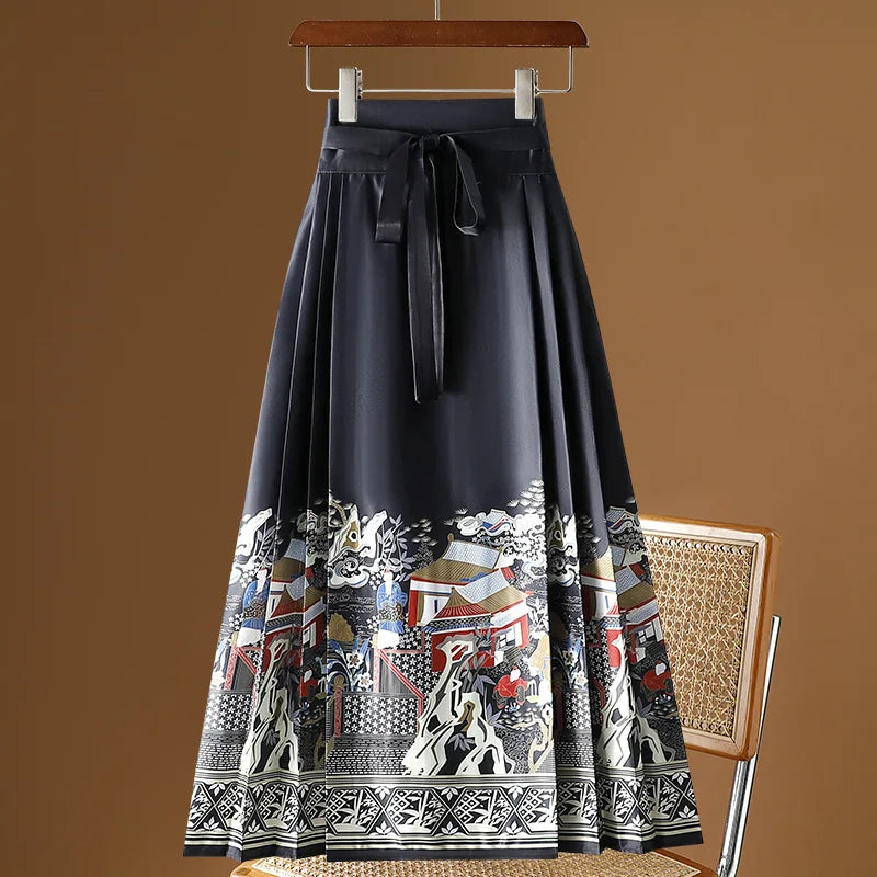 Vintage Maxi Chinese Style Horse Face Skirts for Women Saia One-piece Long Hanfu Pleated Skirt Woman Clothing Faldas Harajuku