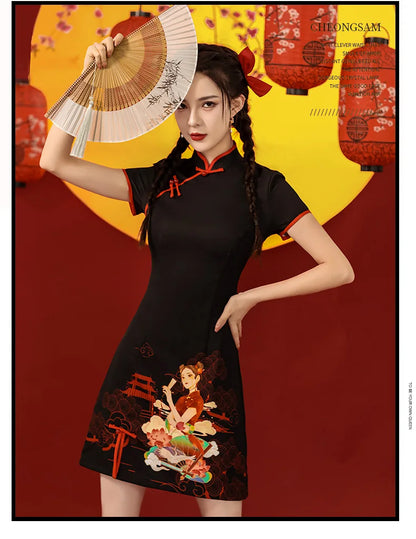 Niche Design Sense Chinese Style Printed Improved Qipao Y2K Vintage High Street Cheongsams Chinese Dress 치파오 китайское платье