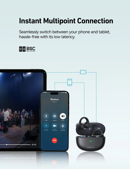 Baseus Bowie MC1 Ear Clip Wireless Earphones Bluetooth 5.4 Open-Ear Headphones Clip-On Sports Earbuds  IP57 Waterproof AI-Bass