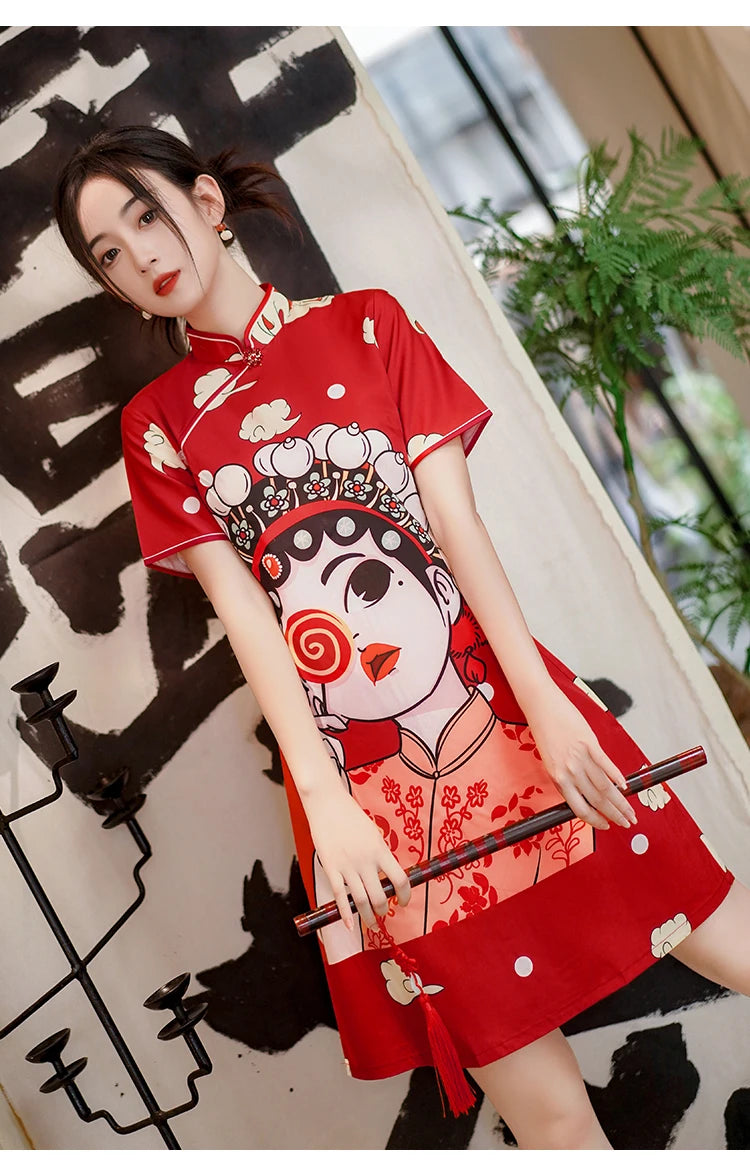 Chinese Traditional National Style Fashion Cartoon Printing Qipao Dress Summer Short Sleeve Elegant Modern Improved Cheongsam