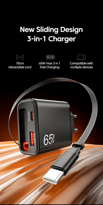 65W Super Fast Charge Type C USB Phone Charger With Retractable USB C Cable For Iphone 17 16 15 Samsung POCO Xiaomi
