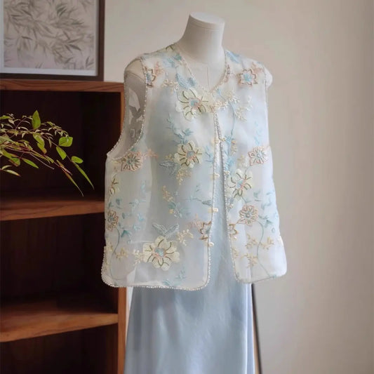Floral Embroidery Vest Women Sleeveless Embroidered Tops Chinese Style Ethnic Vintage Tang Vest