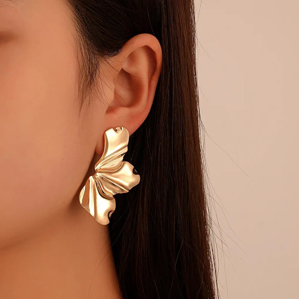 Liquid Irregular Leaves Exaggerated Golden Flowers Drop Earrings for Women Simple Temperament Smooth Petals  Jewelry Girl Gift