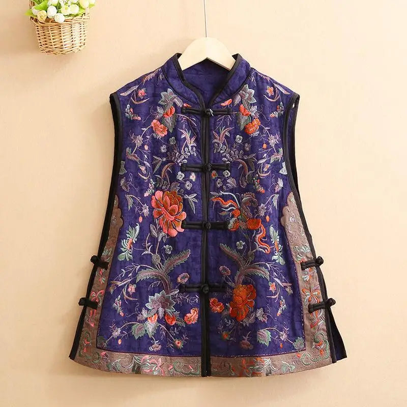 2026 chinese vintage vest national flower embroidery cotton linen folk vest traditional hanfu tops ethnic stand collar vest