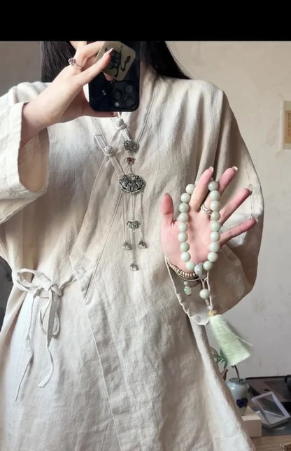 Chinese Style Diagonal Closure Zen Womens Tops Fashion Cotton Linen Asymmetrical Placket Blouse Women Loose Fit Clothes