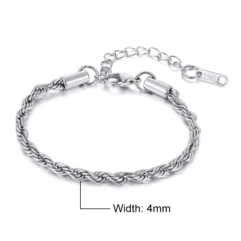 Unisex Rope Chain Bracelets for Men Women, Stainless Steel Twisted Links Chain Bracelet,Simple Classic Jewelry Gift for Him