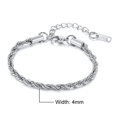 Unisex Rope Chain Bracelets for Men Women, Stainless Steel Twisted Links Chain Bracelet,Simple Classic Jewelry Gift for Him