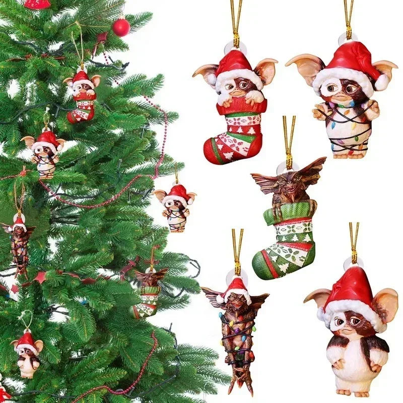 New 2D Christmas Gremlins Ornament Fairy Light Santa Hat Gizmo Figurine Hanging Pendant Decor Christmas Tree Party Acesssories