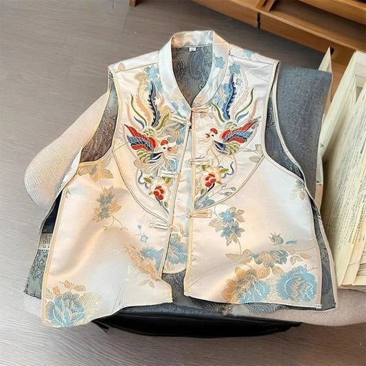 Embroidered Vest Women Chinese Style Vintage Vest Sleeveless Retro Buckle Tops Female Summer New Fashion