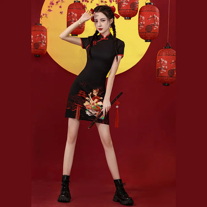 Niche Design Sense Chinese Style Printed Improved Qipao Y2K Vintage High Street Cheongsams Chinese Dress 치파오 китайское платье