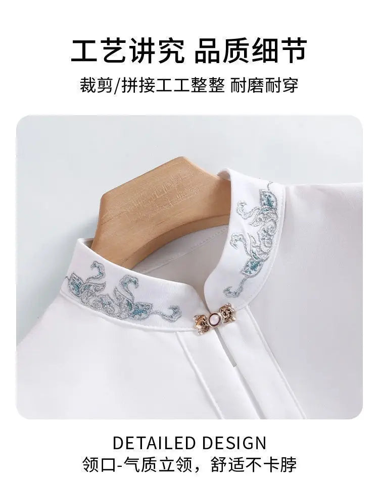 Chinese Style Standing Collar Long Sleeved Shirt for Early Spring Style with Embroidered Chinese Style Women's Clothing Inside