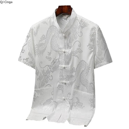 Chinese-style Men Short-sleeved Shirt, Summer Stand-up Collar Single-breasted Shirts, Decorated with Chinese Dragon Patterns.
