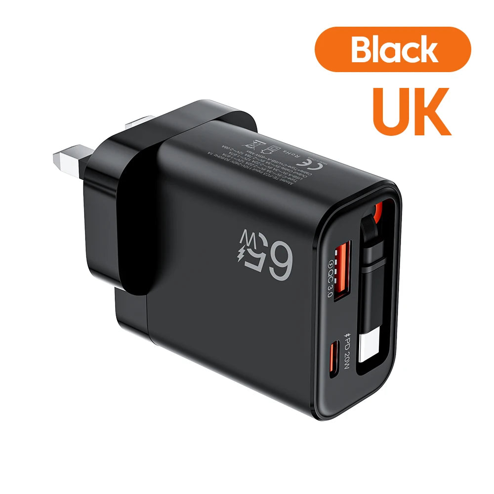 65W Super Fast Charge Type C USB Phone Charger With Retractable USB C Cable For Iphone 17 16 15 Samsung POCO Xiaomi