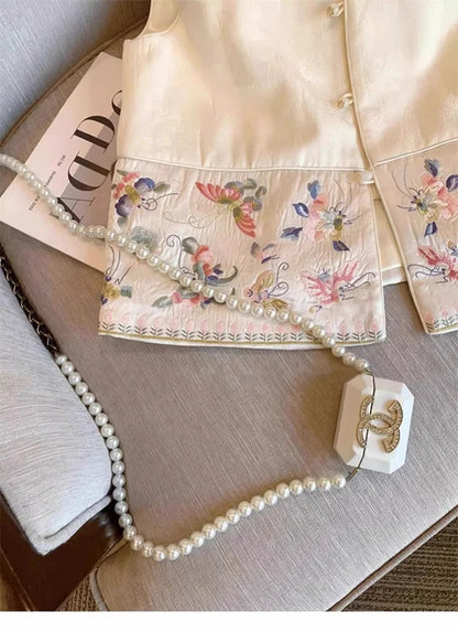 Chinese Retro Embroidered Sleeveless Buckle Vest Spring and Autumn Design Sense Fashionable and Versatile Temperament Tank top