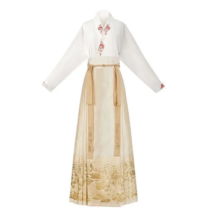 New Chinese Horse Face Skirt Two-piece Women's 2024 New Hanfu Female Tops Fashion Loose Print Birthday Party Banquet Dance Dress