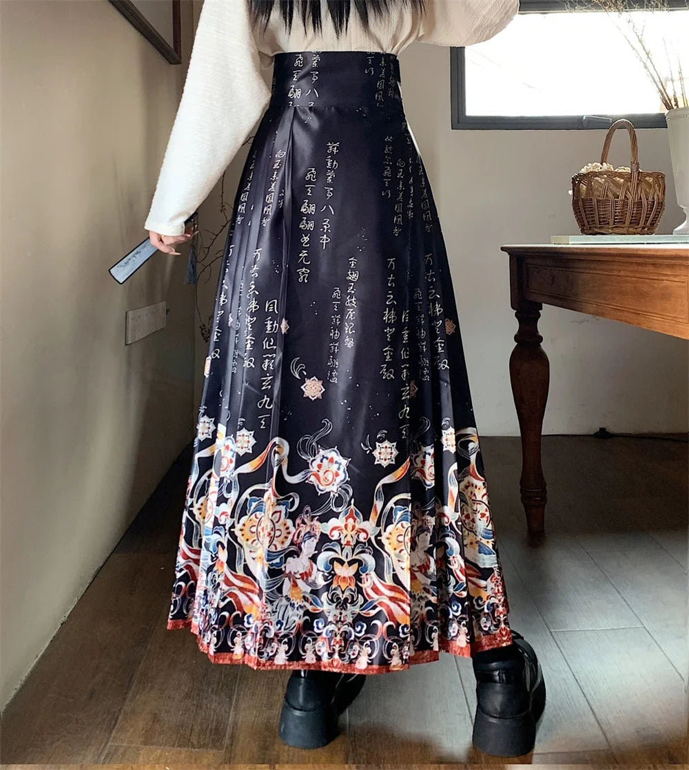 Vintage Maxi Chinese Style Horse Face Skirts for Women Saia One-piece Long Hanfu Pleated Skirt Woman Clothing Faldas Harajuku