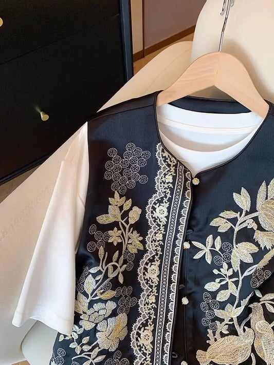 Floral Embroidered Satin Silk Vest Women Retro Chinese Vintage Ethnic Style Sleeveless Tops Oversized