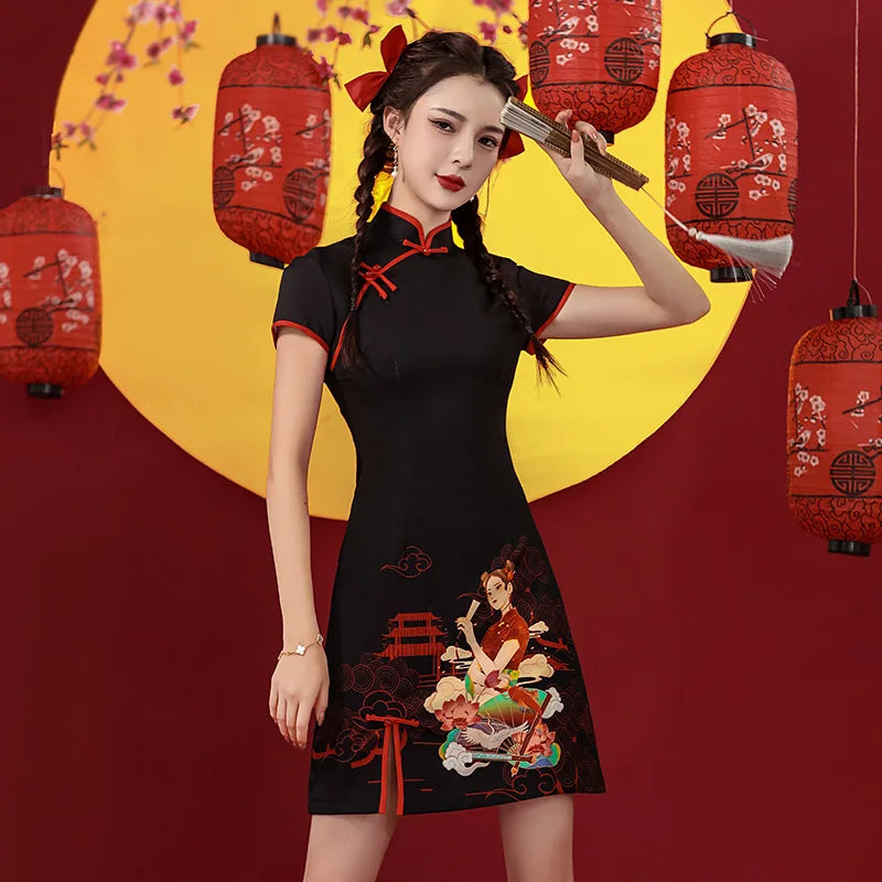 Niche Design Sense Chinese Style Printed Improved Qipao Y2K Vintage High Street Cheongsams Chinese Dress 치파오 китайское платье