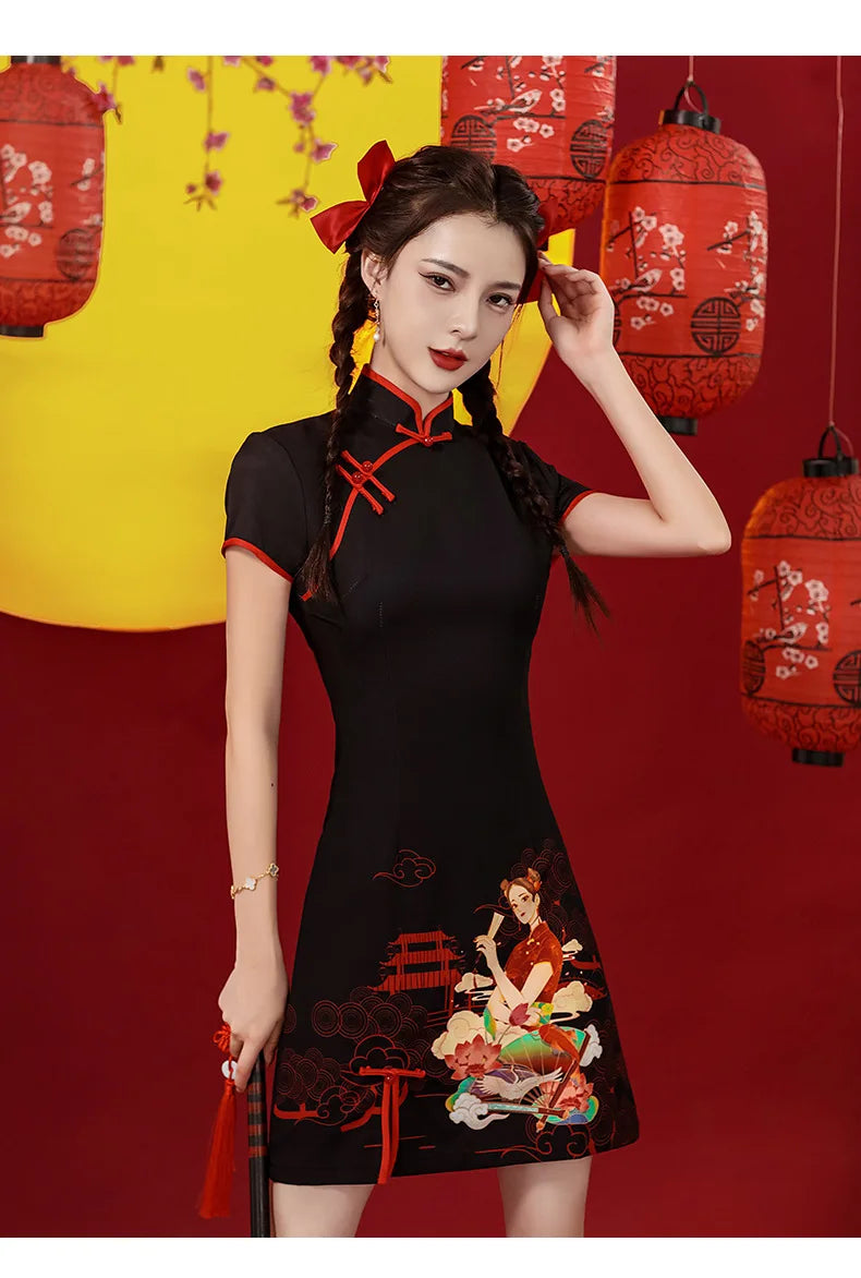 Niche Design Sense Chinese Style Printed Improved Qipao Y2K Vintage High Street Cheongsams Chinese Dress 치파오 китайское платье