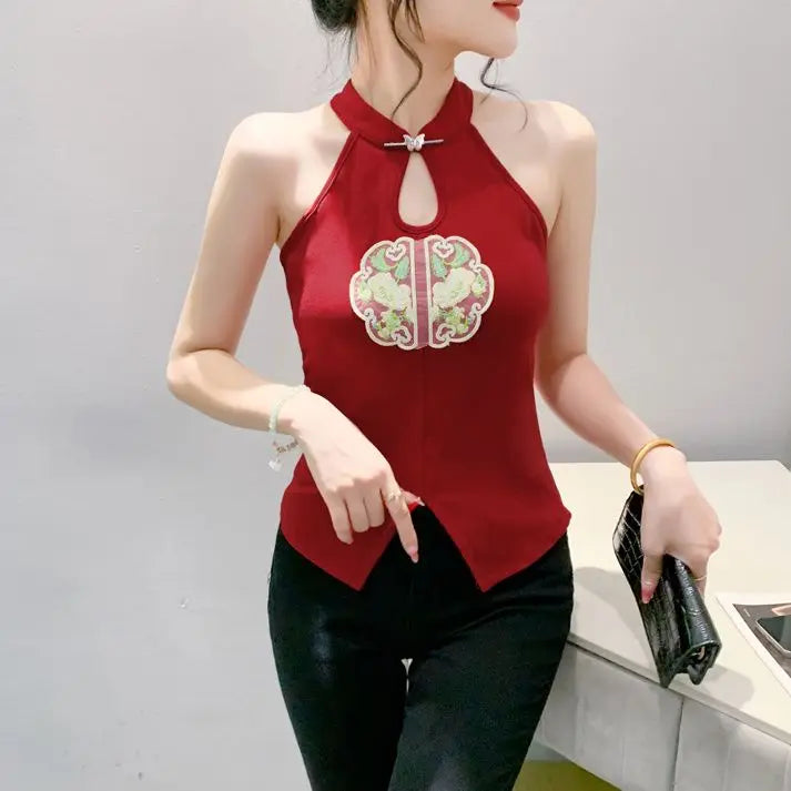 Chinese Style Embroidered Halterneck Vest Ladies Sleeveless Summer Wear Off-the-shoulder Small Suspender Chinese Slim Tank Top
