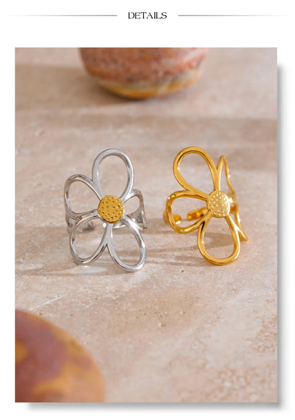 Yhpup Trendy Stainless Steel Metal Flower Adjustable Fashion Finger Ring Rust Proof Attractive Daily Jewelry Accessories Gift