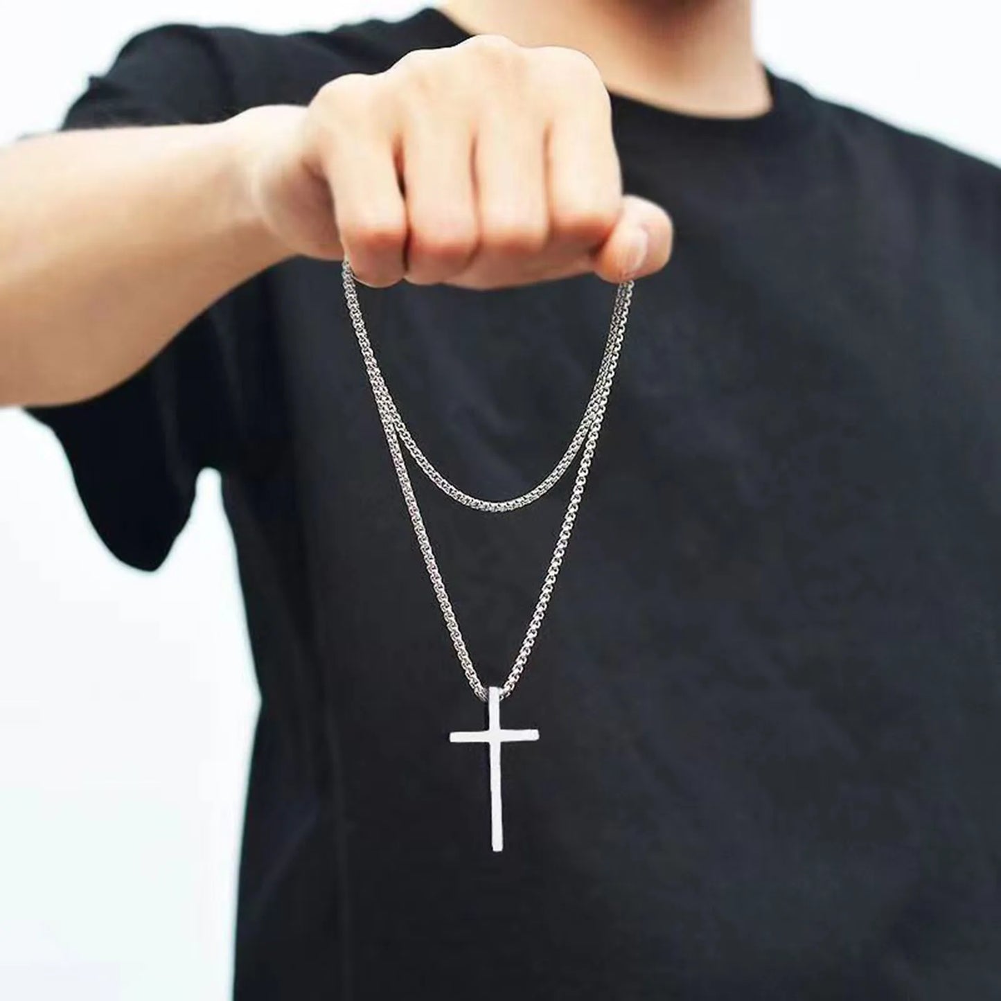 Cross Necklace for Men Women, Silver Color Plain Cross Pendant Collar with Stainless Steel Box Chain
