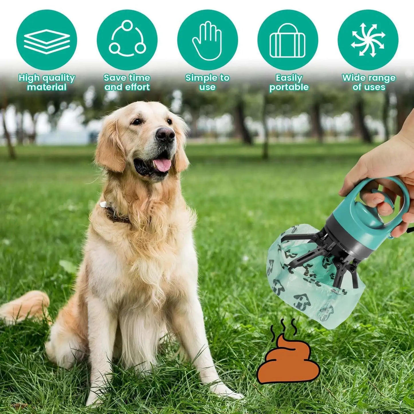 Portable Dog Pooper Scooper Outdoor Pet Waste Pick-up Cleaner Built-in Garbage Bag Handheld Pet Poop Grabber No Touch Design