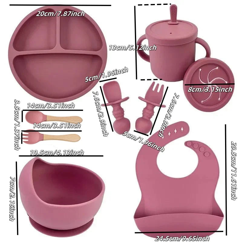 Food Grade Silicone Child Dish Set Baby Feeding Bowl Suction Plate Straw Cup Wooden Spoon Fork for Kids Tableware Toddler Dishes