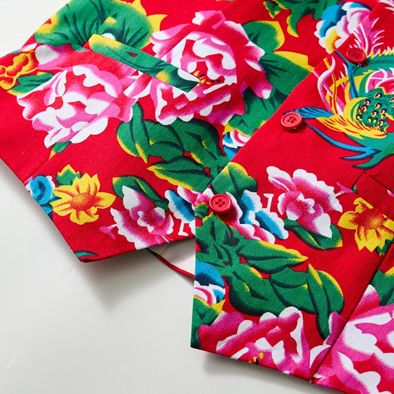 Chinese Style Large Flower Men's Vest - Trendy Printed Slim Fit Vest, Suitable for Both Festive Performances and Daily Wear