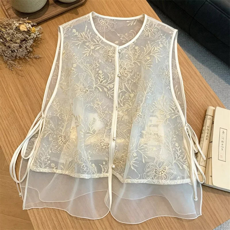 Fashion Chinese Style Embroidered Vest Women's Spring and Summer Yarn Thin Round Neck tie Sleeveless Loose Vest  Jacket Coat New