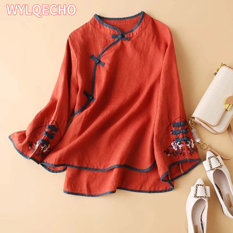 2023 Chinese Style Embroidery Blouse for Women  Summer O-neck Short Sleeve Cotton and  Linen traditional Tang suit Top