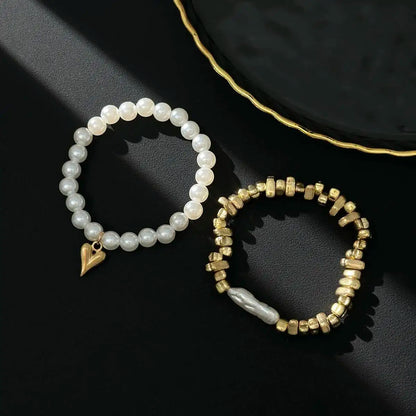 2Pcs/Set Elegant Imitation Pearl Bracelet for Women Bohemian Elastic Rope Chain Bracelet with Heart Pendant Jewelry Gift