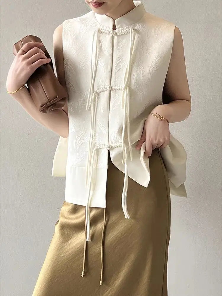 Chinese New Plate Button Vest Jacket 2025 Spring New Jacquard Stand Collar Sleeveless Waistcoat Retro Women Cheongsam Tops