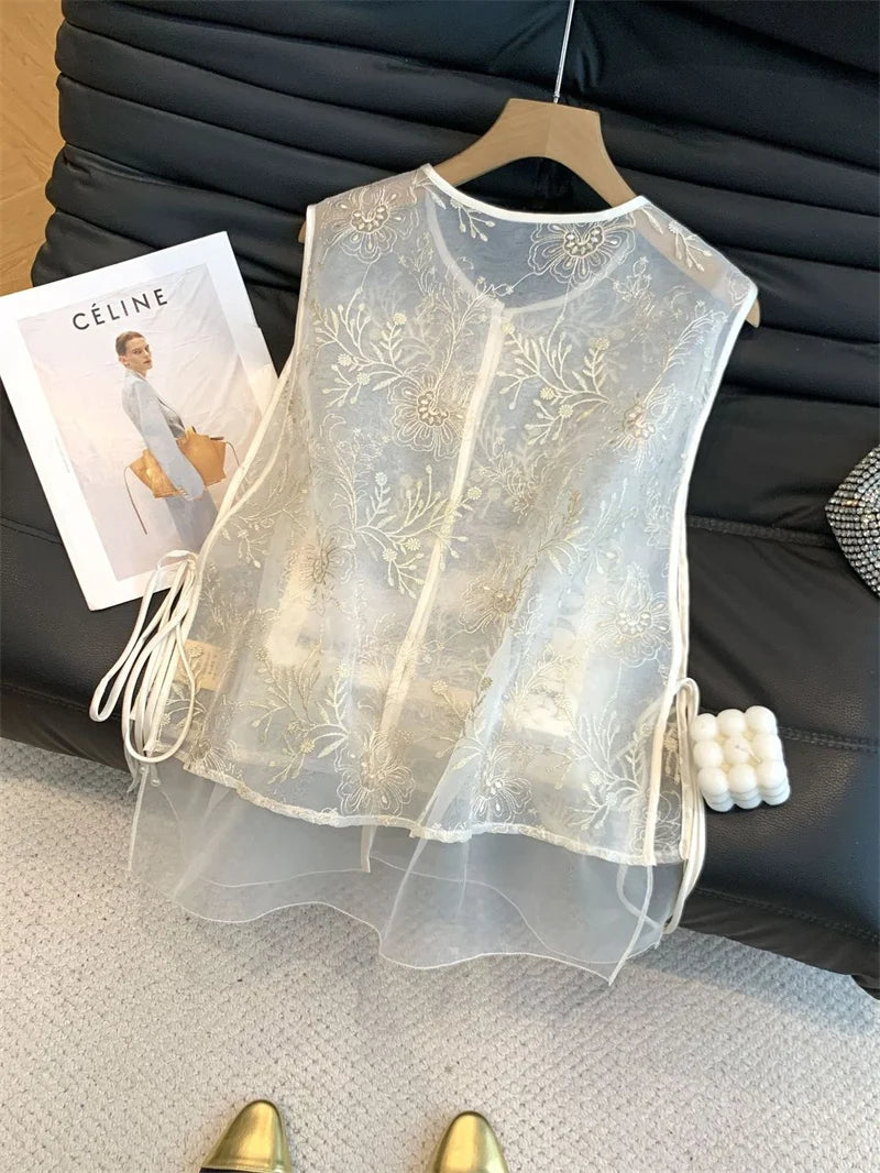 Fashion Chinese Style Embroidered Vest Women's Spring and Summer Yarn Thin Round Neck tie Sleeveless Loose Vest  Jacket Coat New