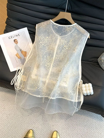 Fashion Chinese Style Embroidered Vest Women's Spring and Summer Yarn Thin Round Neck tie Sleeveless Loose Vest  Jacket Coat New