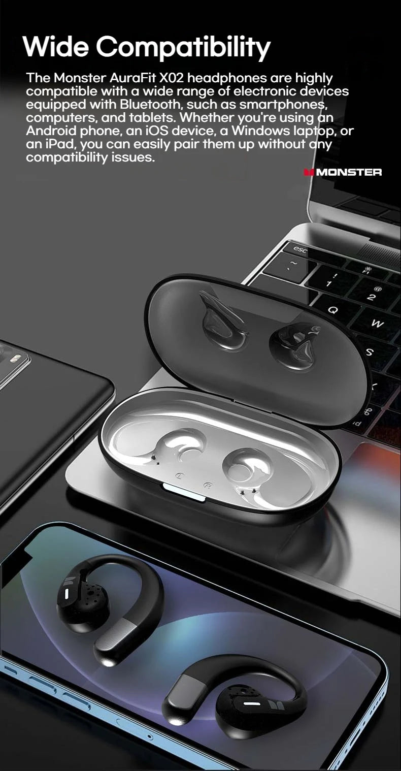 Monster Touch Pro100 OWS Ear Hook Headphones Smart Touch Screen Bluetooth 5.4 Earbuds Open Ear Wireless Earphone Support TF Card