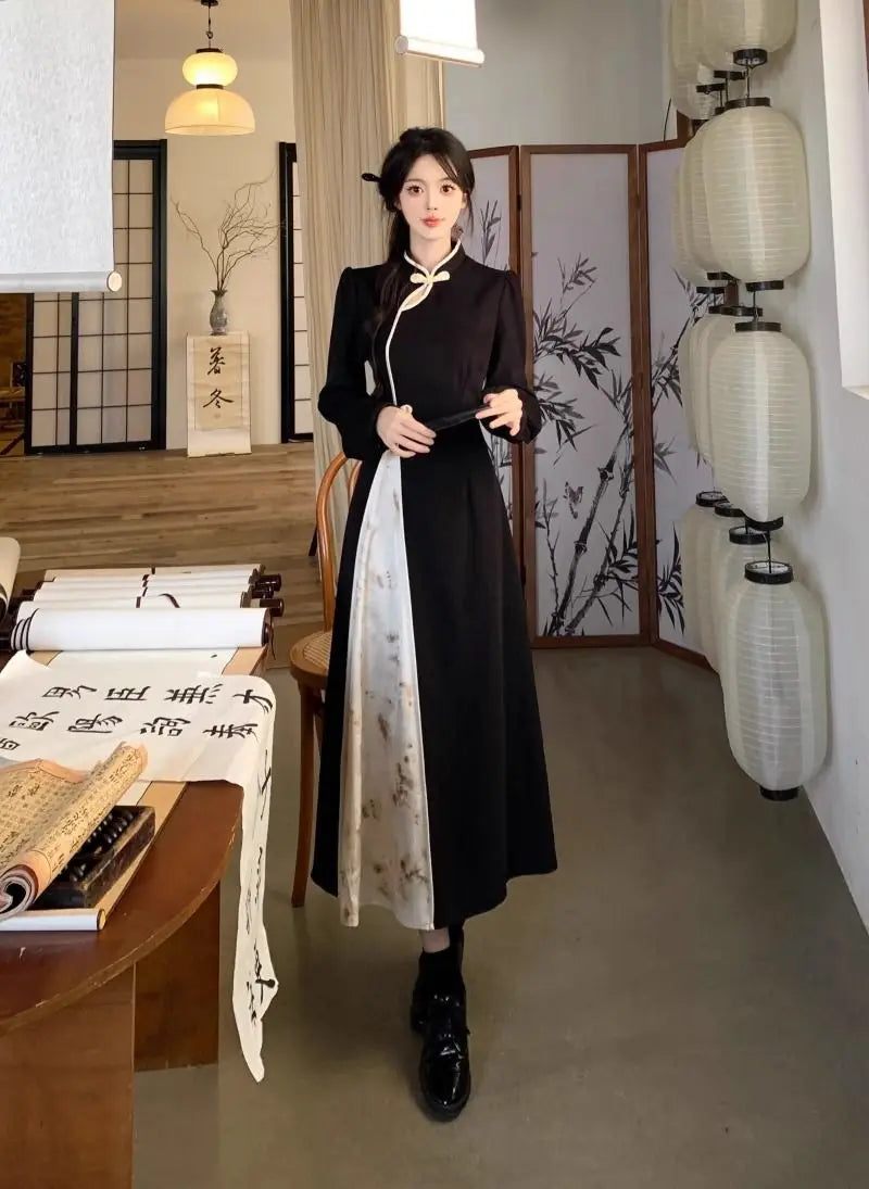 New Chinese National Style New Year Battle Robe Button Modified Qipao Long Dress Women Temperament Splicing Dark Pattern Dresses