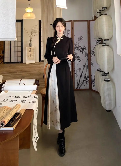 New Chinese National Style New Year Battle Robe Button Modified Qipao Long Dress Women Temperament Splicing Dark Pattern Dresses