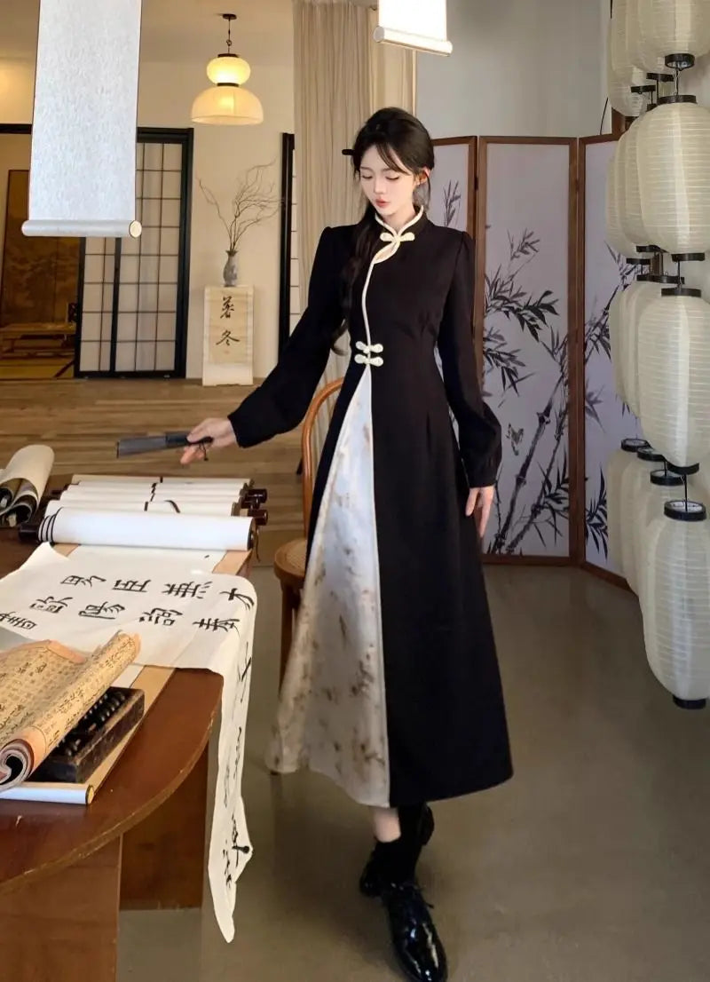 New Chinese National Style New Year Battle Robe Button Modified Qipao Long Dress Women Temperament Splicing Dark Pattern Dresses