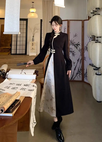 New Chinese National Style New Year Battle Robe Button Modified Qipao Long Dress Women Temperament Splicing Dark Pattern Dresses