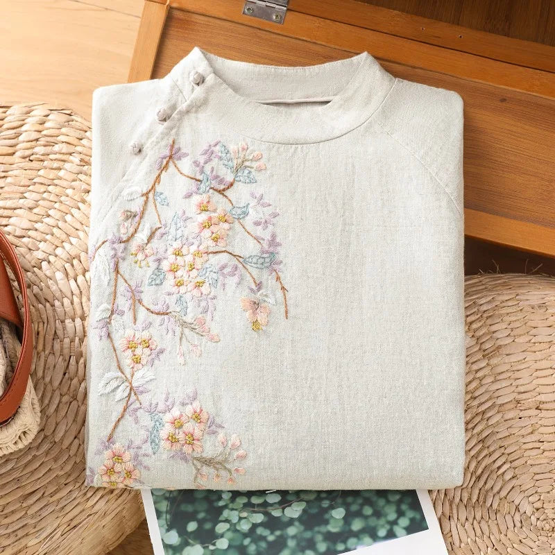 Chinese Style Women's Blouses Korean Embroidery Shirt FASHION Loose Spring/Summer Cotton Linen Clothing Three Quarter Women Tops