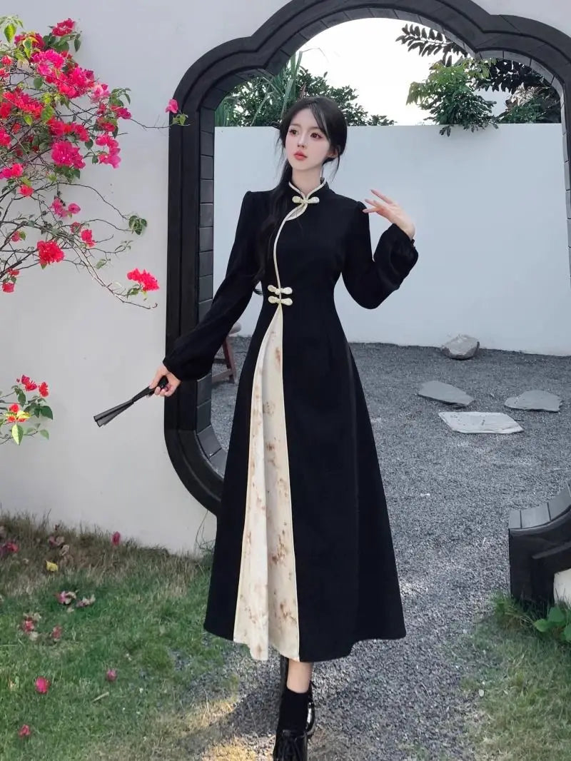New Chinese National Style New Year Battle Robe Button Modified Qipao Long Dress Women Temperament Splicing Dark Pattern Dresses