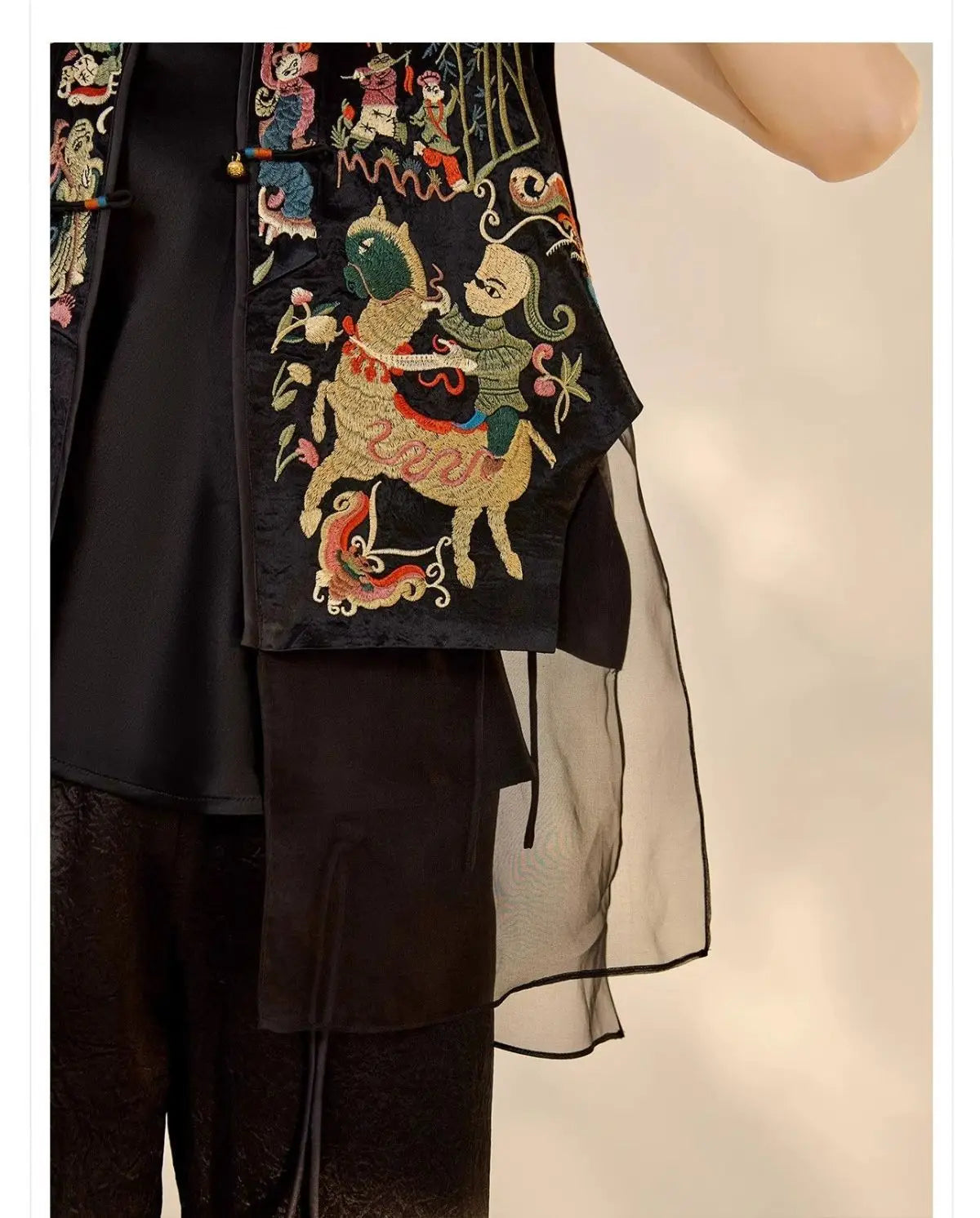 Oriental Vintage Tang Suit Women Vest Black Jacquard Heavy Phoenix Embroidery Organza Splicing Side Tie Sleeveless Waistcoat