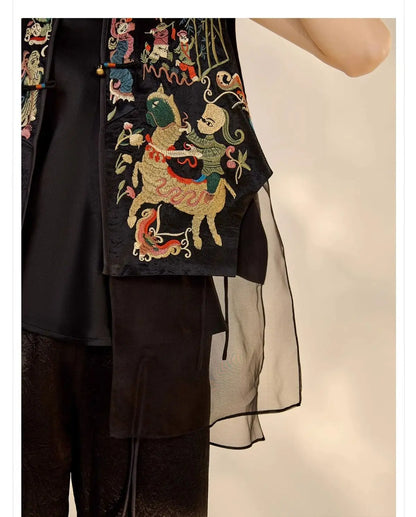 Oriental Vintage Tang Suit Women Vest Black Jacquard Heavy Phoenix Embroidery Organza Splicing Side Tie Sleeveless Waistcoat