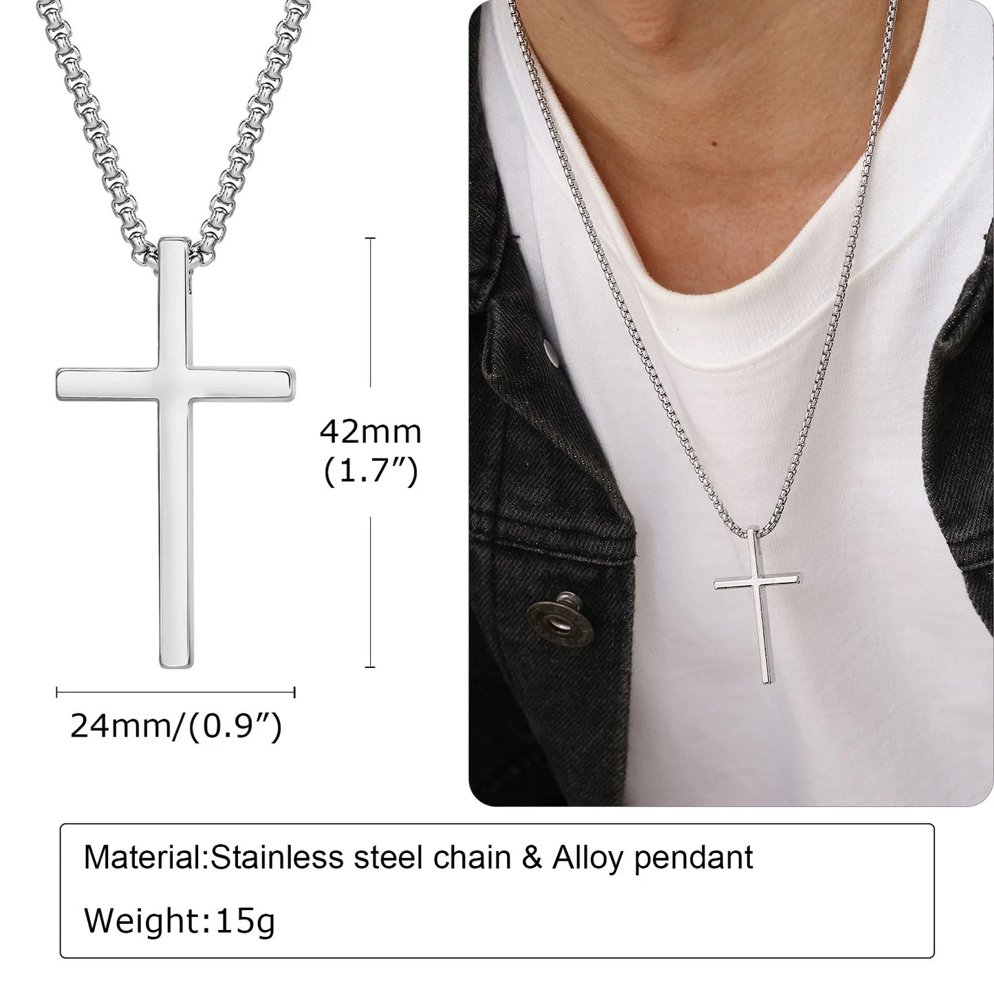 Cross Necklace for Men Women, Silver Color Plain Cross Pendant Collar with Stainless Steel Box Chain