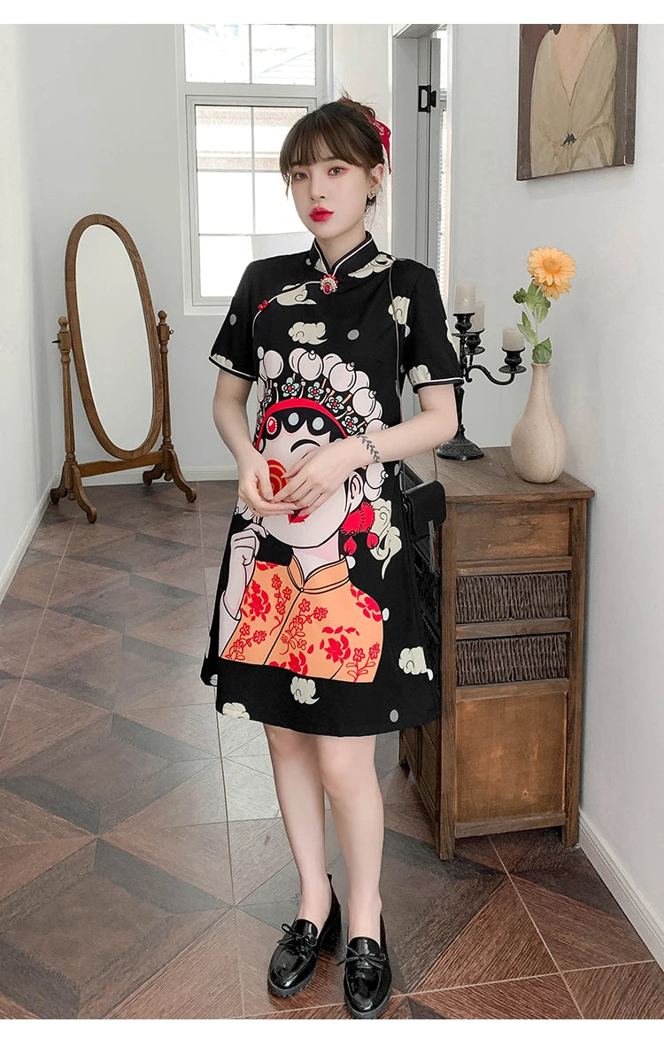 Chinese Traditional National Style Fashion Cartoon Printing Qipao Dress Summer Short Sleeve Elegant Modern Improved Cheongsam